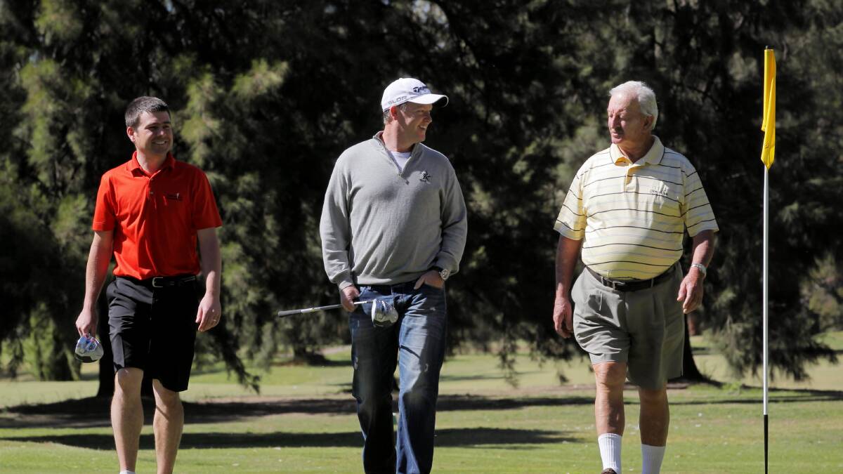 Rob Rowe, Marcus Fraser and president Steve Rodway are preparing for the Marcus Fraser Ambrose at the Corowa Golf Club. Picture: DAVID THORPE