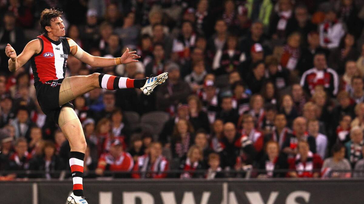  Justin Koschitzke of the Saints kicks the ball during the round nine AFL match between the St Kilda Saints and the Sydney Swan. Picture: GETTY IMAGES