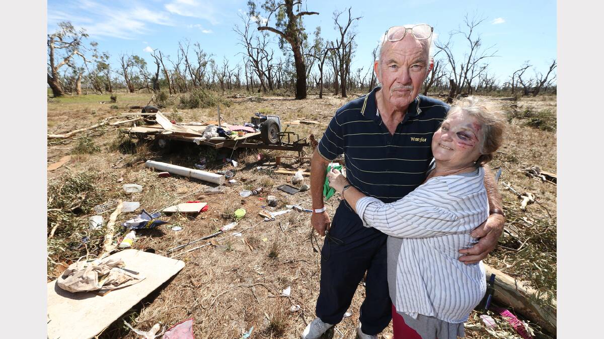Barry Robins and Valerie Lippingwell were in a caravan that was destroyed by the Mulwala tornado earlier this year. The joy displayed on the faces of Barry and Valerie amid such utter destruction is a testament to the human spirit. “They were simply rejoicing the fact they were still alive; when the storm hit they were sure they would both die,” Russell says.