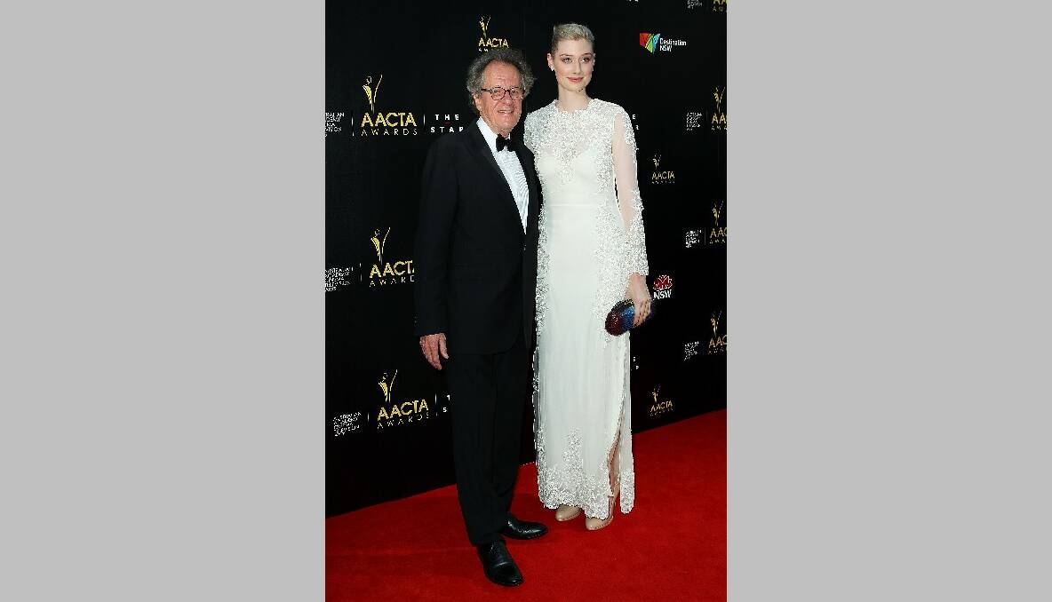 Geoffrey Rush and Elizabeth Debicki arrives at the 2nd Annual AACTA Awards. Photo by Lisa Maree Williams/Getty Images