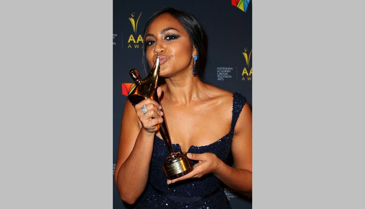  Jessica Mauboy celebrates her award for Best Supporting Actress in 'The Sapphires' at the 2nd Annual AACTA Awards. Photo by Lisa Maree Williams/Getty Images
