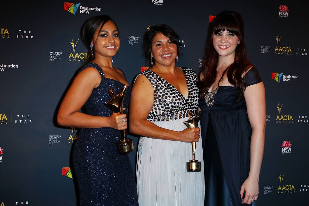  Jessica Mauboy, Deborah Mailman and Shari Sebbens celebrate 'The Sapphires' winning the AACTA Award for Best Film at the 2nd Annual AACTA Awards. Photo by Lisa Maree Williams/Getty Images