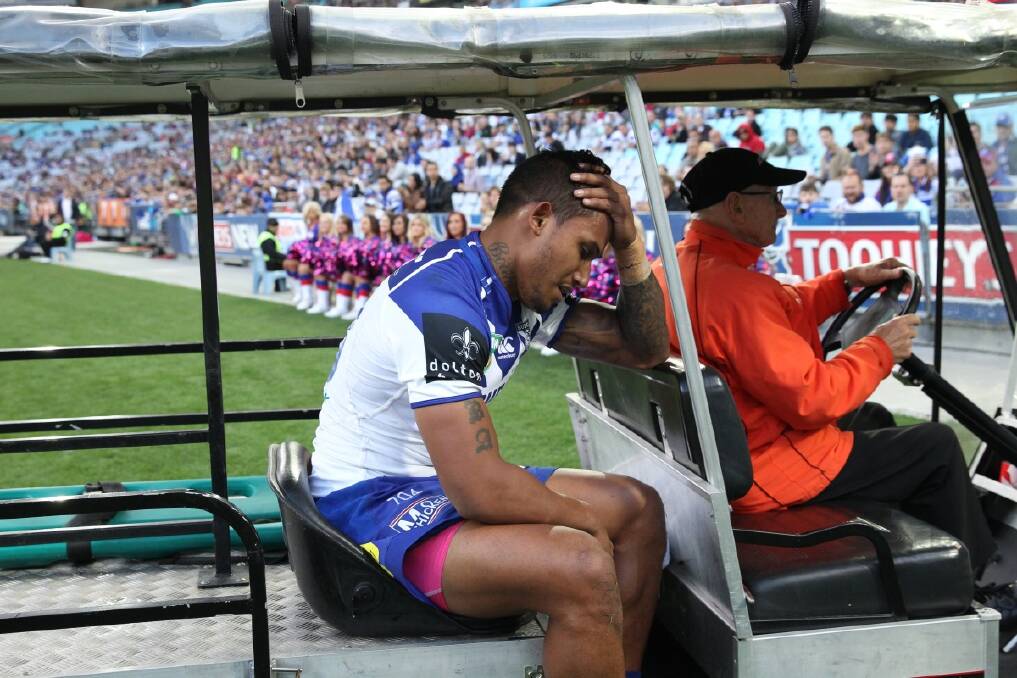 Ben Barba was injured during the Canterbury Bulldogs vs The Newcastle Knights semi final game at ANZ Stadium on September 15, 2013. Photo: Brendan Esposito 
