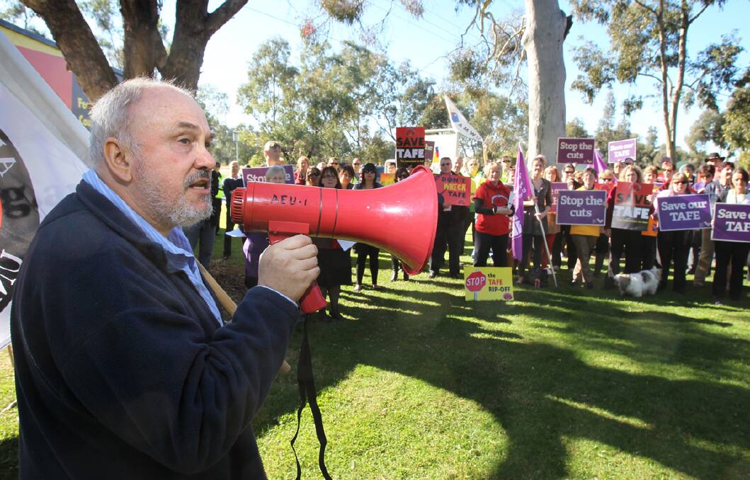 Ian Lack, Recognition Officer at Wodonga TAFE, speaking to the group of protesters. Photo: Tara Ashworth