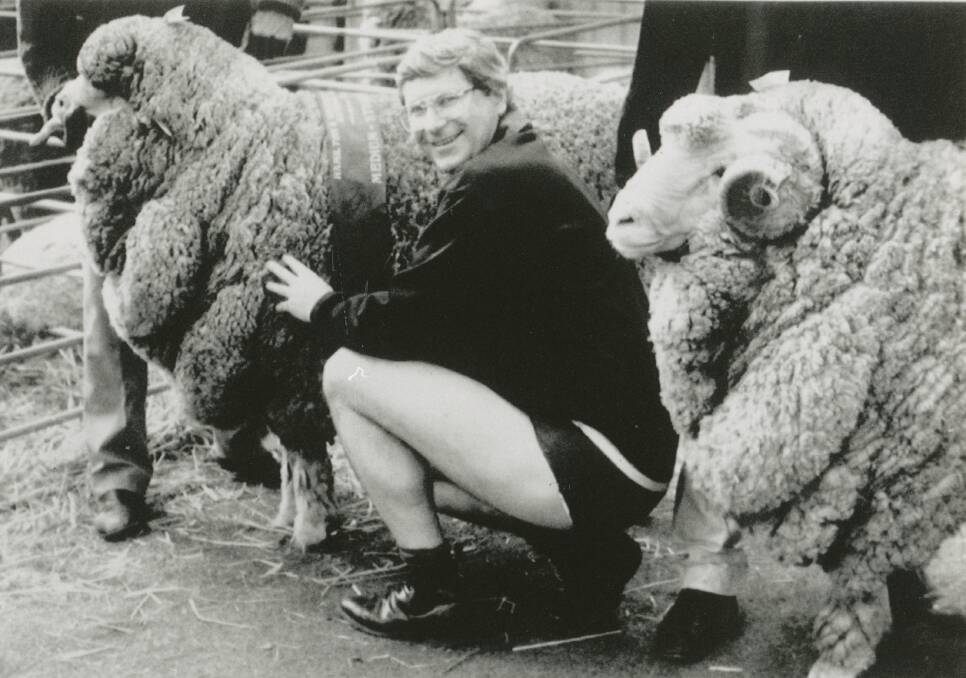 Denis Napthine models woollen underwear at Hamilton Sheepvention in 1992.