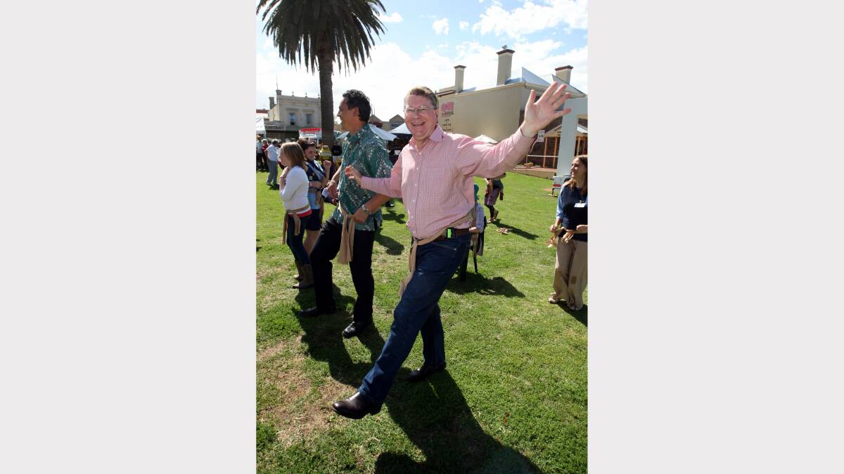Denis Napthine dancing with Mzuri Dance Company as part of the 2009 Warrnambool Gnatannwarr Multicultural Festival.