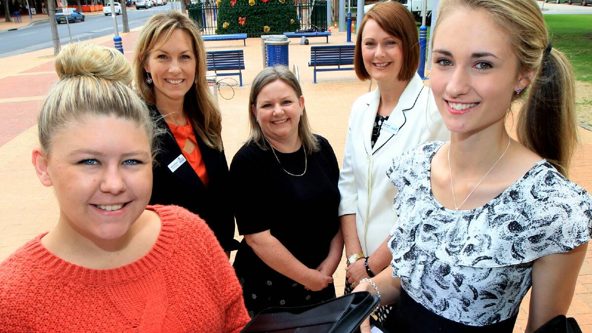 Recipients of the Women in Chamber’s Development scholarship Millie Medcraft and, far right, Ashlee Bowen with Albury Northside board member Andrea Grimmond, Mell Millgate and executive officer with Wodonga Chamber of Commerce Alison Reed. Picture: PETER MERKESTYN
