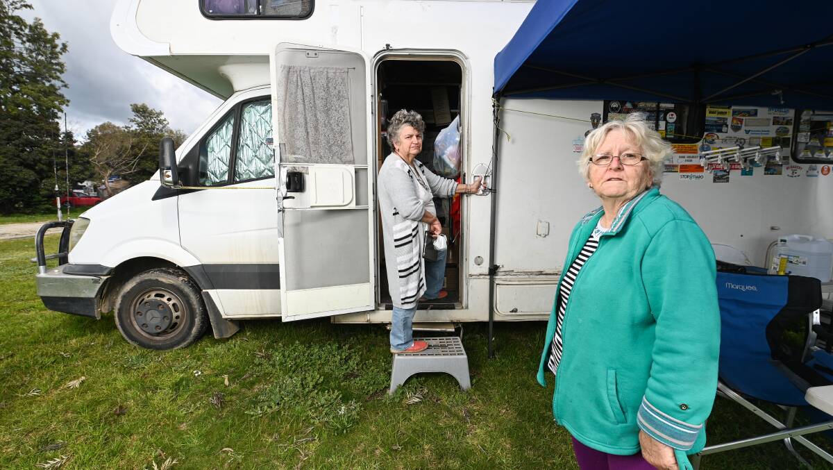 TRAPPED: Wendy Squires, 64, and her sister Denise Garbutt, 72, are both diabetics and pensioners and have been stuck in the Albury Showground for a fortnight. They are seeking to enter Victoria to care for their ailing brother. Pictures: MARK JESSER