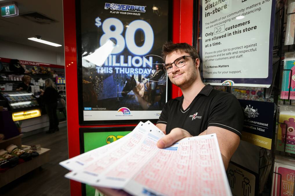 ARE YOU FEELING LUCKY: NewsXpress Lavington employee Jack Jackson is literally selling the dream this week - or at least a chance at it - with tickets for the $80 million Powerball jackpot on Thursday night. Picture: JAMES WILTSHIRE