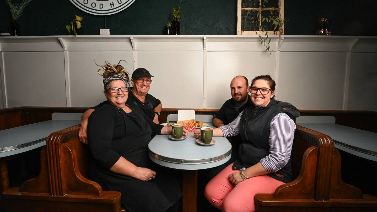OPEN FOR BUSINESS: Janet Lauritzen with her husband Matt, son Logan and daughter-in-law Ali at their new cafe Mumma J's Food Hub. Picture: MARK JESSER
