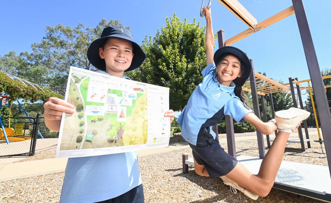 IMAGINATIVE: Saint Augustine's students Boston Gwosdz, 11, and Gabby Redcliffe, 10, have some suggestions for the Belvoir Park playground. Picture: MARK JESSER