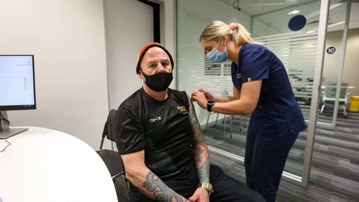 ROLL UP YOUR SLEEVE: Wiradjuri man Darcy Brown getting his COVID-19 vaccination from Sarkon Medical vaccination clinic COVID coordinator Lisa Brown. Picture: JAMES WILTSHIRE