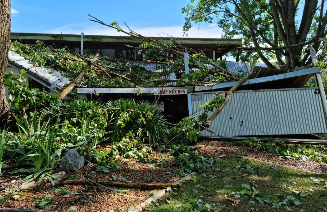 SMASHED IN: The Walwa Riverside Caravan Park camp kitchen had its roof collapse after a tree fell on it in strong winds on Saturday. Picture: HEIDI CONWAY
