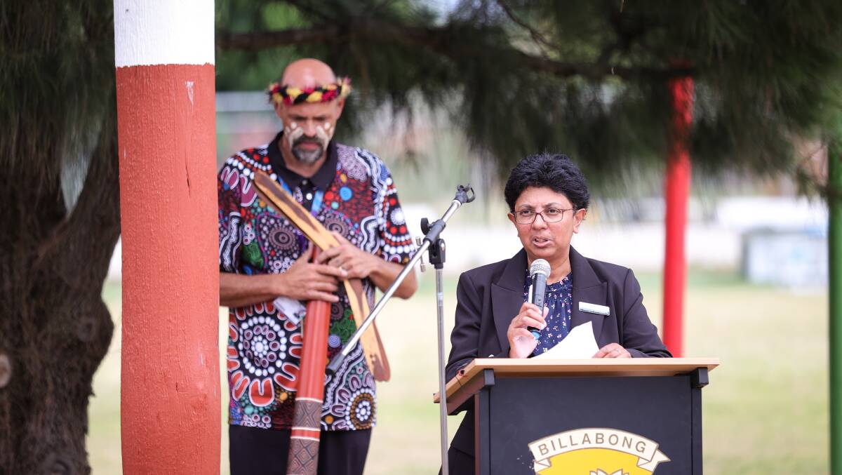 Billabong High School deputy principal Dr Nim Weerakoon speaks at the official opening of the school's yarning circle. Picture by James Wiltshire