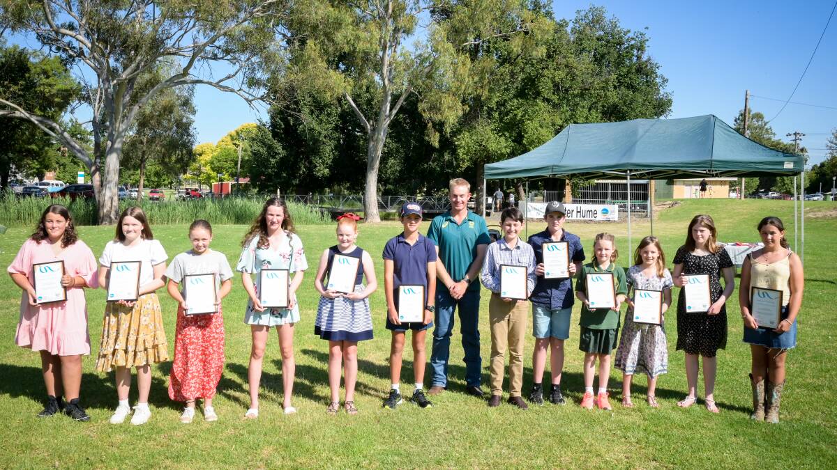 PROUD AS PUNCH: The Greater Hume school citizenship award winners with Australia Day ambassador James Willett. Picture: LEANNE BICKLEY