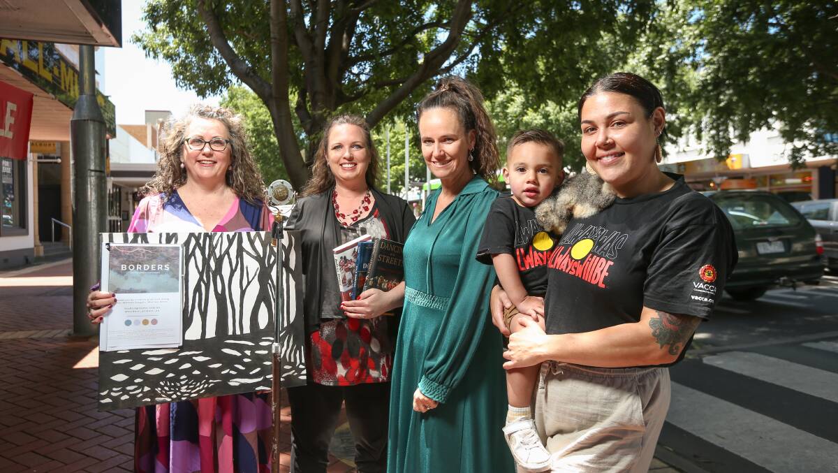 Murray Arts announced funding for four projects this week. Carm Hogan, Erika Okamura, Helena Kernaghan, Teisha Maksymow-McGuinness and son Nullah Toi, 2 welcomed the money. Picture by James Wiltshire