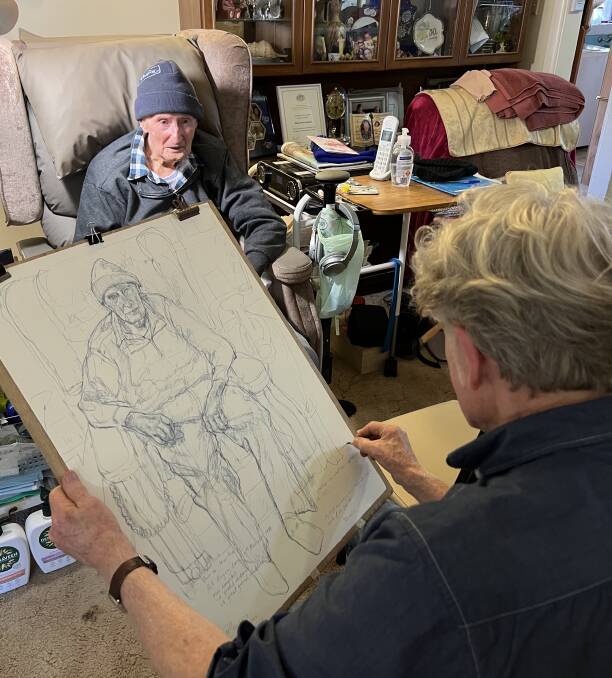 BEING DRAWN: Archibald Prize-winning artist Peter Wegner drawing Benalla centenarian Bill Gregory. Wegner has donated this portrait and two others of Benalla centenarians to the Benalla Art Gallery.
