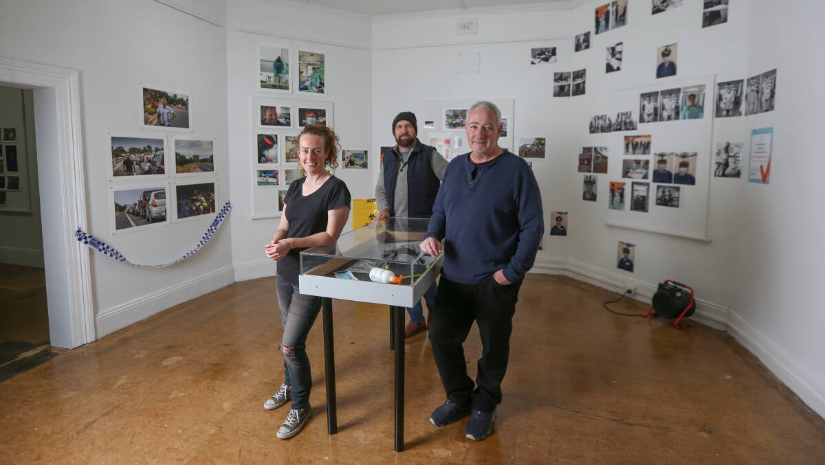 PHOTOGRAPHERS: Artists Nat Ord, Jason Robins and Turks Head Gallery director Dirk Wallace ahead of the exhibition's opening night. Picture: TARA TREWHELLA.