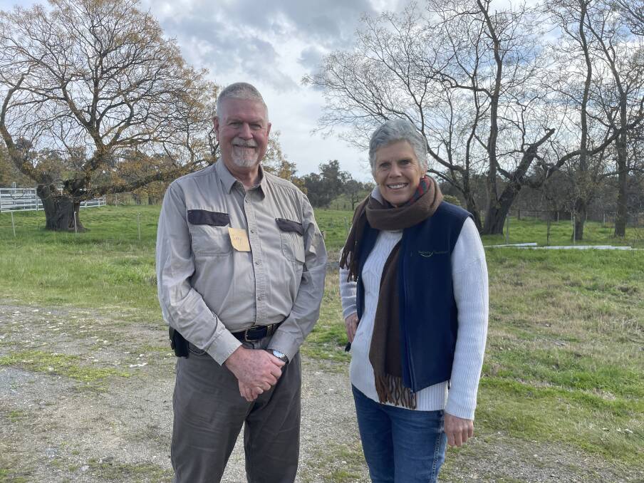 REGENERATIVE PRACTICES: Land to Market Australia's Tony Hill and Bibbaringa farm owner Gillian Sanbrook at a field day at the Wymah property this week. Picture: VICTORIA ELLIS