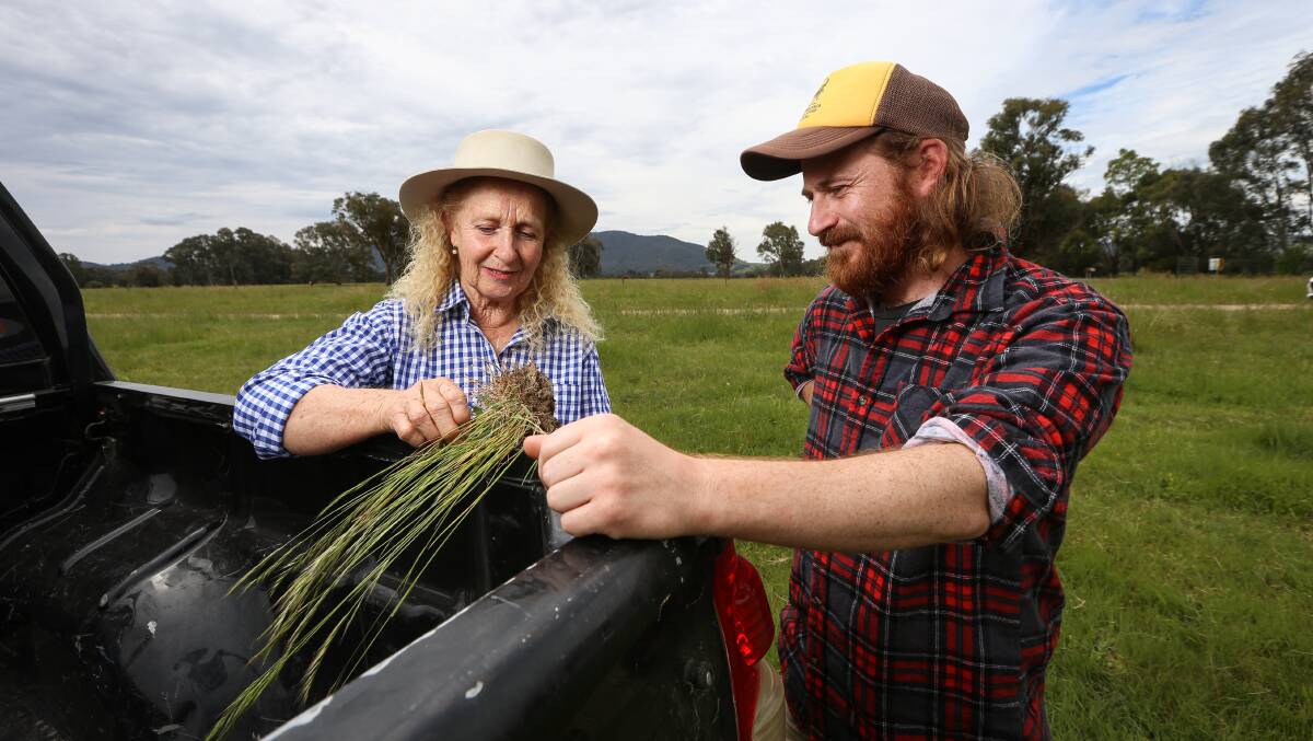 POWERFUL CLOD: Kiewa Catchment Landcare Group are running a soil carbon project over the next eight months in the Kiewa Valley. President Rowen Wallace and project officer Charles Daabol. Picture: JAMES WILTSHIRE