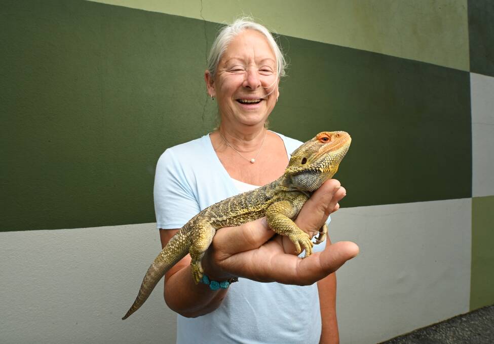 NATIVE FRIEND: Albury resident Leanne Stuart with her pet Ziggy the bearded dragon. Ms Stuart says Ziggy keeps her company when she takes him shopping with her. Pictures: MARK JESSER