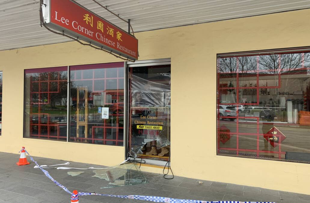 THE SCENE: Lee Corner Chinese Restaurant was the target of a cash register burglary this morning, which saw the shop's front door smashed. Picture: MARK JESSER 