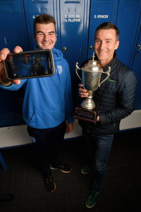 Ben Black has finished his Corowa-Rutherglen Football Club 2000 premiership win documentary. He is pictured with the team's then captain, Darrell Spencer. Picture: MARK JESSER