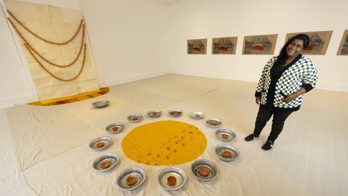 ART: Shivanjani Lal with her exhibition Pani Begets Pani at Murray Art Museum Albury. Picture: ASH SMITH