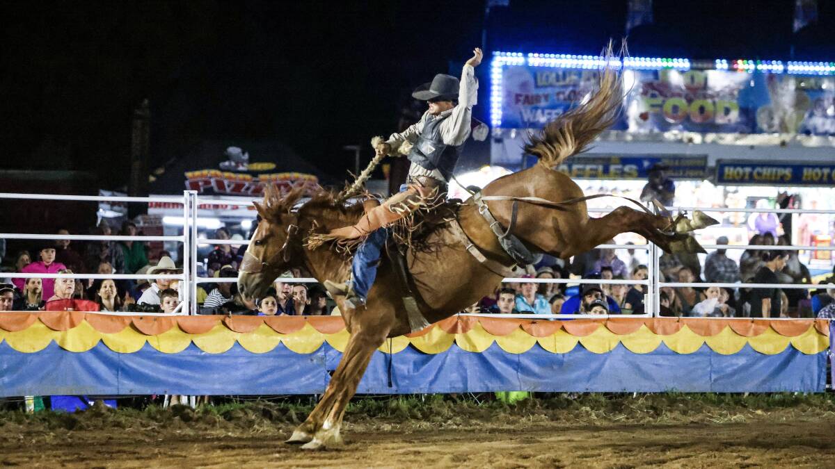BRONC RIDING: The Chiltern Pro rodeo was attended by thousands of people on Friday and Saturday night. Chiltern resident Jarrod McKane won the bareback bronc riding competition. Picture: ANN KILLEEN