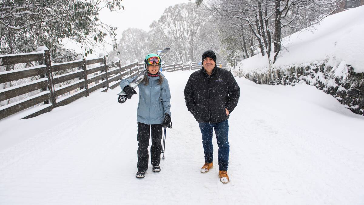 STILL RECOVERING: Lisa Logan, president of Falls Creek Chamber of Commerce and owner of Diana Alpine Lodge with Brett Williams of Falls Creek's Frueauf Village. Pictures: MARK JESSER