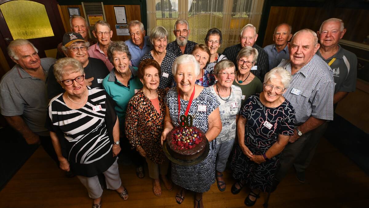 TOGETHER AGAIN: Kergunyah's Beverley Simpson with her fellow 80-year-old friends celebrating at the Dederang Hotel. Picture: MARK JESSER