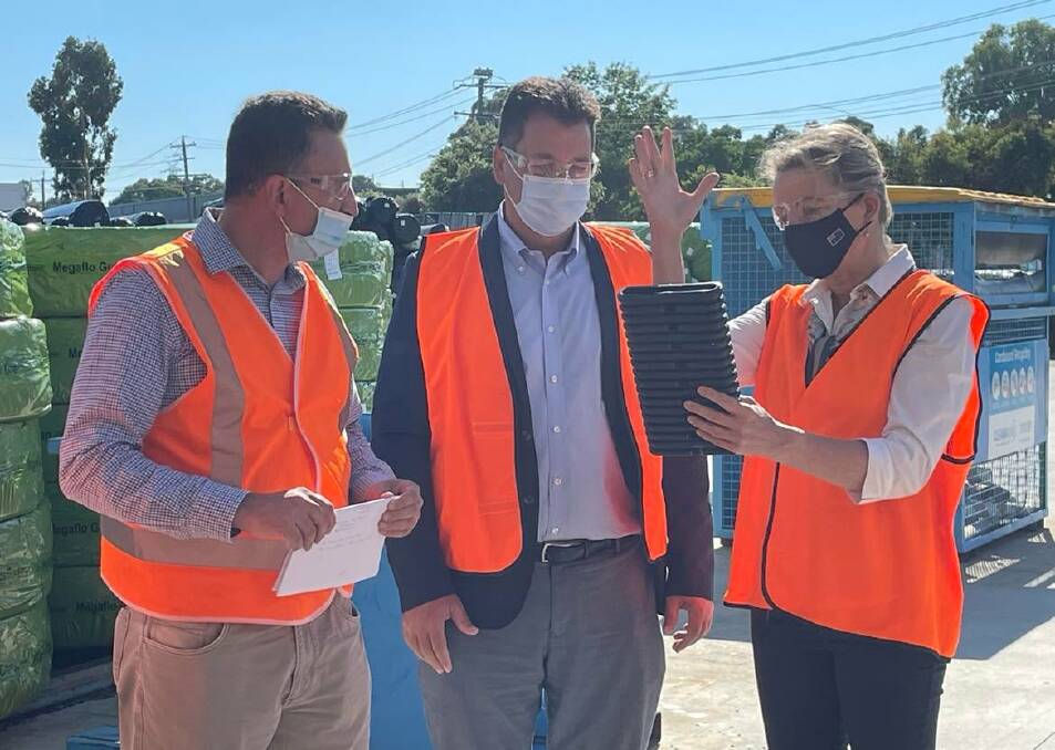 PIPING HOT: Geofabrics chief executive Dennis Grech, Advanced Manufacturing Growth Centre's Michael Sharpe and Minister for Environment Sussan Ley. Picture: VICTORIA ELLIS