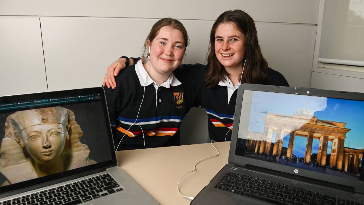 FRIENDS AND WINNERS: Wangaratta High School students Macy Nichol, 18, and Ulrika Wild, 17, were recognised for the top Victorian Certificate of Education mark in the state for Ancient History and German, respectively. Picture: MARK JESSER.