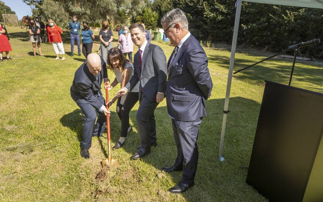 SOD TURNING: Mercy Connect chief executive Trent Dean, Albury mayor Kylie King, Member for Albury Justin Clancy and Chair of Mercy Community Services Australia Matthew Clancy at the sod turning on Monday. Picture: ASH SMITH
