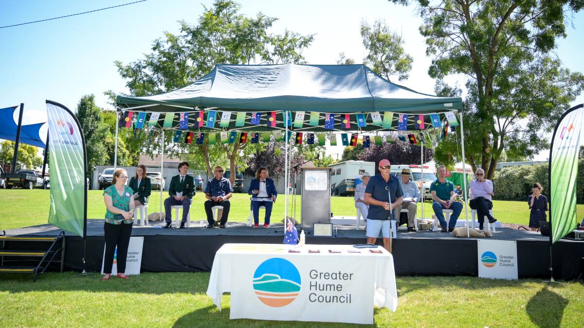 CEREMONY: The stage set out for the 2022 Greater Hume Council Australia Day ceremony. Picture: LEANNE BICKLEY