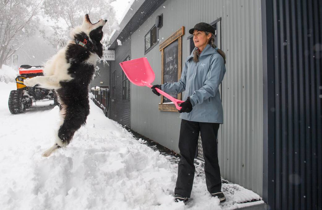 BACKFLIP: Lisa Logan and her dog Skye, who enjoys catching the snow when Ms Logan is trying to shovel it away. Picture: MARK JESSER