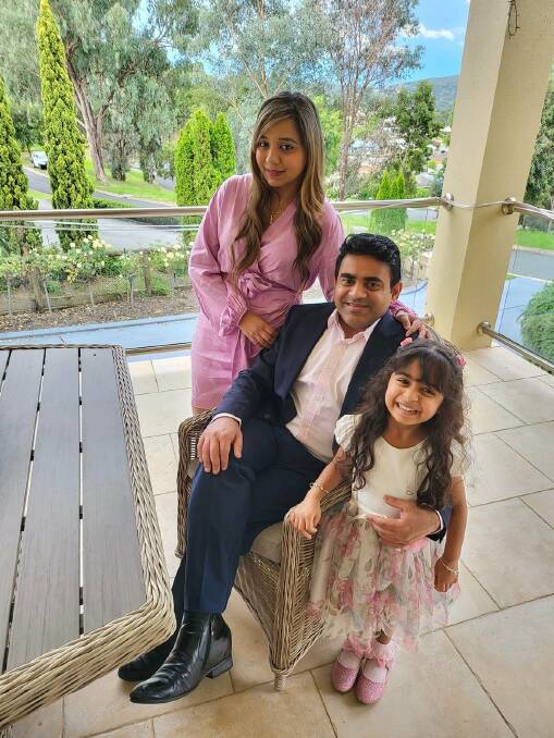 FAMILY FOREVER: Albury's Ruchi Chandra with her husband Amratash Malodiya and their daughter Annika Malodiya. The family is finally together again after two years apart due to COVID-19. Picture: SUPPLIED