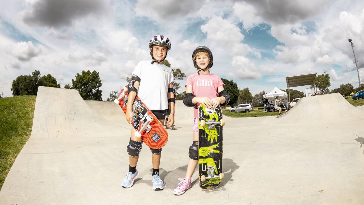 ROLLING FORWARD: Jindera resident Hallee Yensch, 10, with her friend Ruby Braines, 9, at the Jindera skatepark. Picture: ASH SMITH
