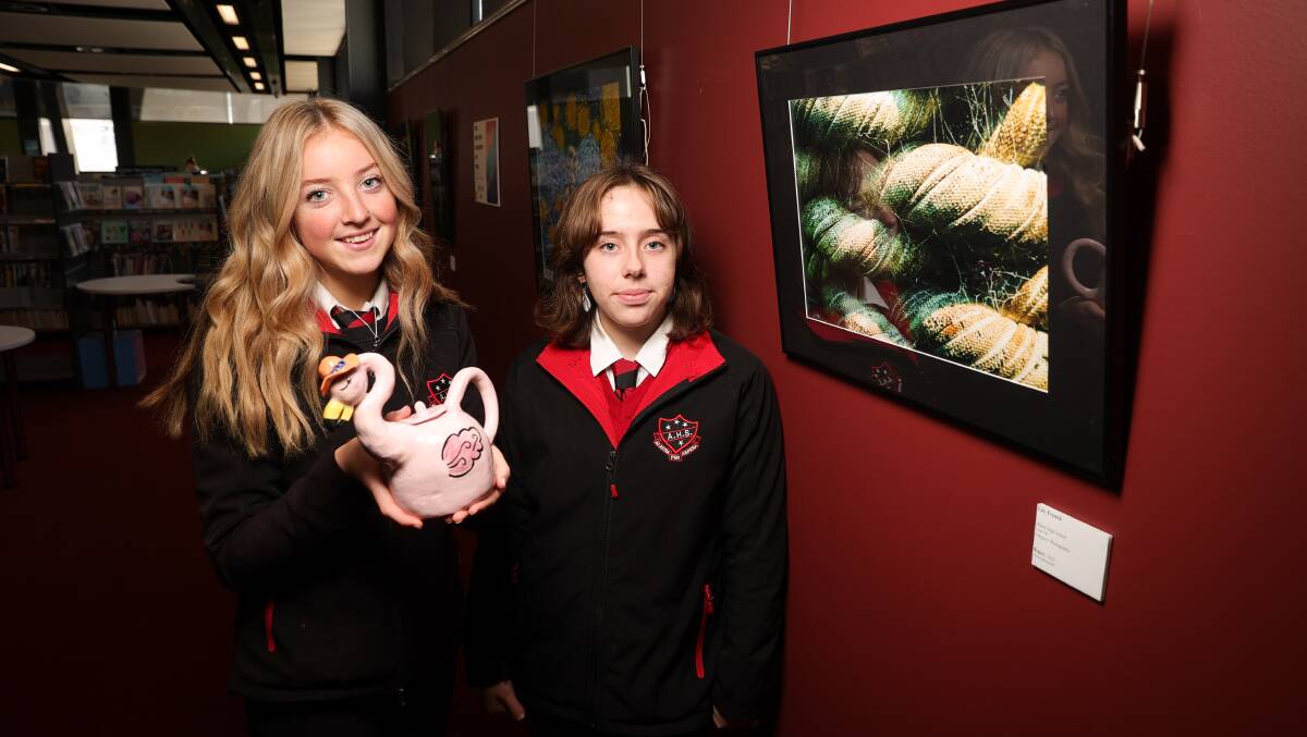 WORKS DISPLAYED: Albury High School Year 10 students Tierre Lindner, 16, and Lily French, 16 have entered works in the Directors Acquisitive Art Prize. The community can see all the entries at the Albury LibraryMuseum until next Thursday. Picture: JAMES WILTSHIRE