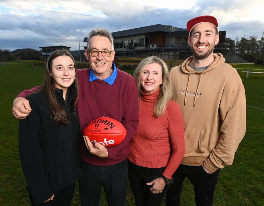IN THIS TOGETHER: Myrtleford president Ian Wales with his daughter Jemmima, wife Loretta and one of his four sons, Hugh. Wales is recovering from surgery after being diagnosed with prostate cancer. Picture: MARK JESSER