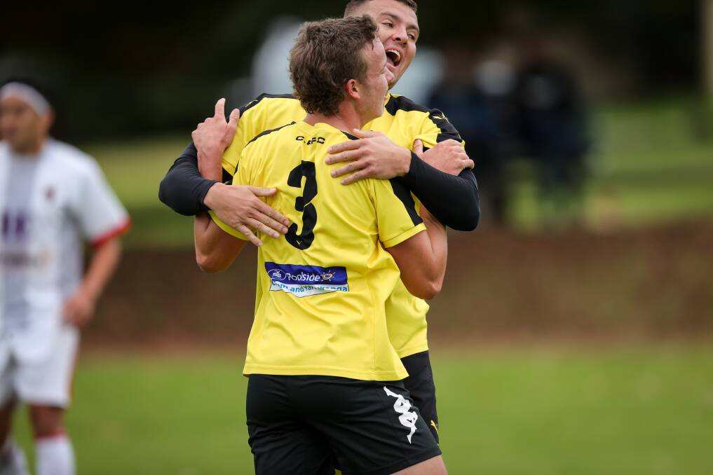 Cobram goalscorer Luke Goodin is congratulated by Jack Dovey. Picture: JAMES WILTSHIRE