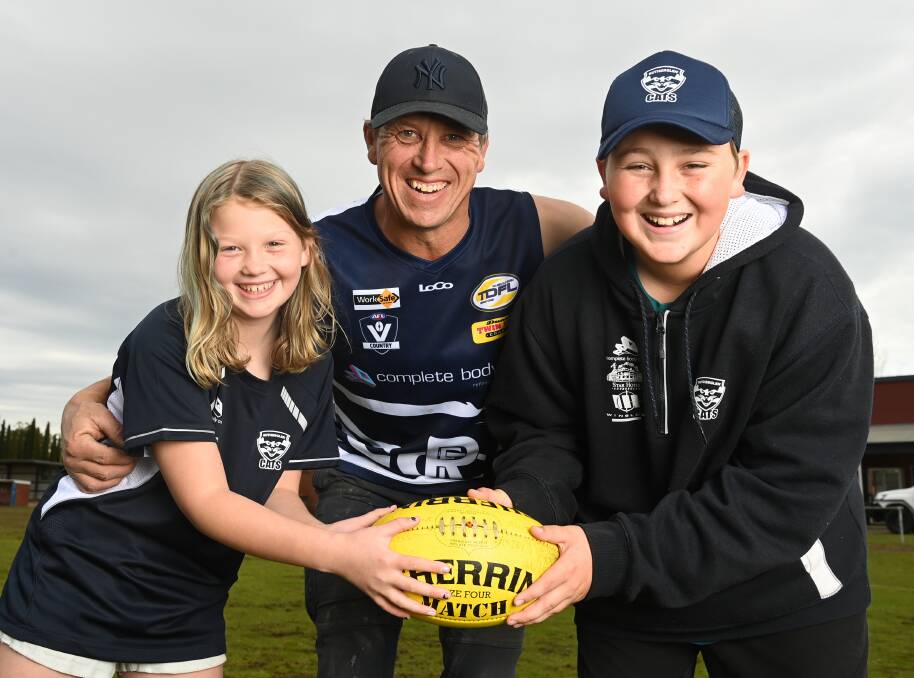 FAMILY MAN: Duane Maloney, who plays his 200th game for the Rutherglen Cats this weekend, is now seeing his daughter Audrey, 9 and son Bryce, 12, coming through the junior ranks at the club he calls home. Picture: MARK JESSER