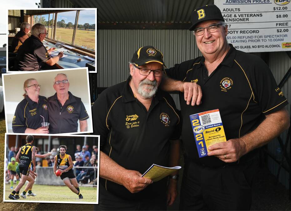 YELLOW AND BLACK: Trevor Jones and Errol Gibb, main picture, and Fred and Debra Blunden, above left, continue to play an integral part at Barnawartha Football and Netball Club. Picture: MARK JESSER