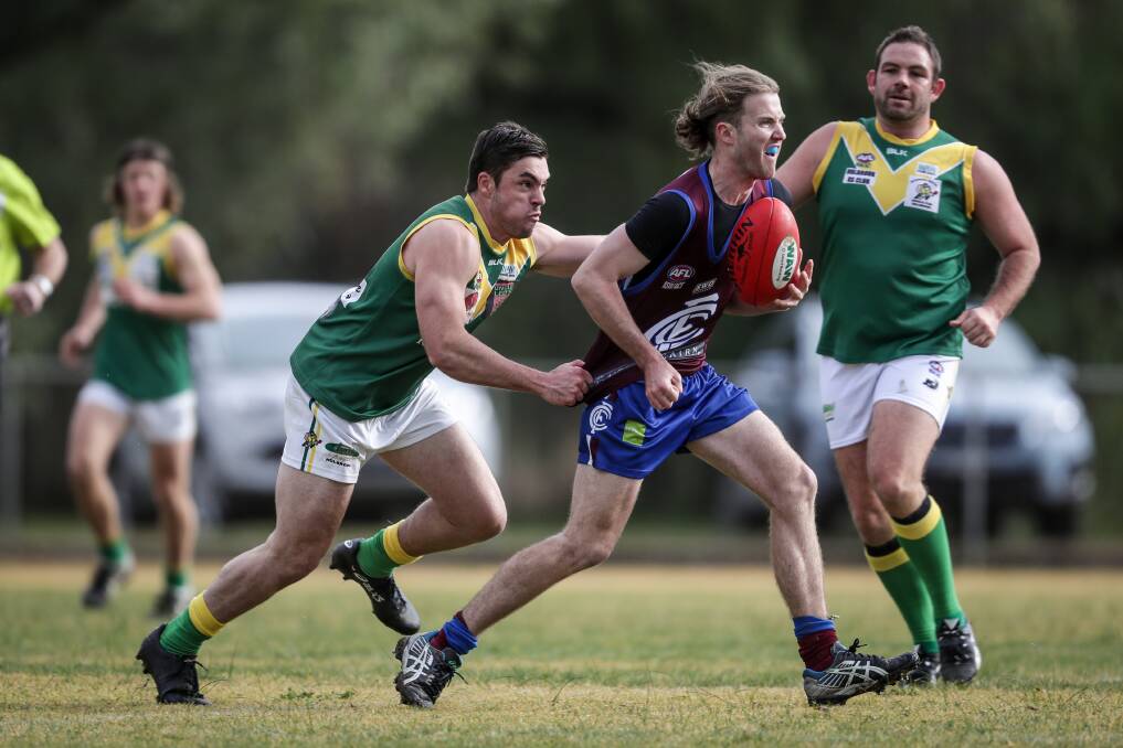 HOMECOMING: Caleb Simmonds, pictured playing for Culcairn in 2018, is now back at Kiewa-Sandy Creek in the TDFL as is older brother Zac. Picture: JAMES WILTSHIRE