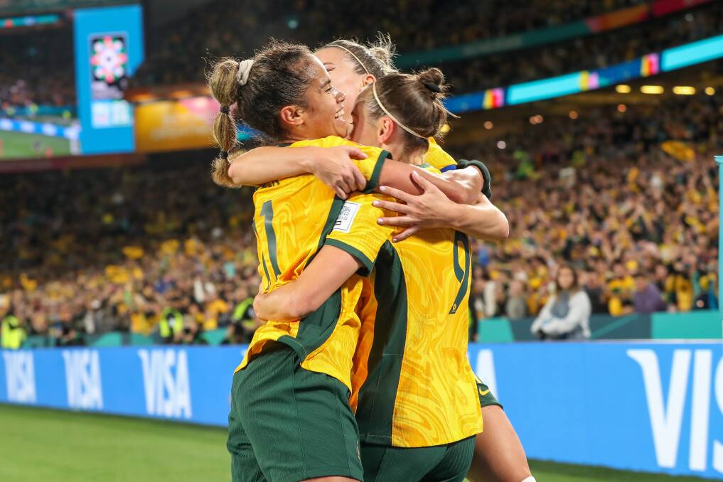The Matildas celebrate a goal by Caitlin Foord. Photo: Adam McLean