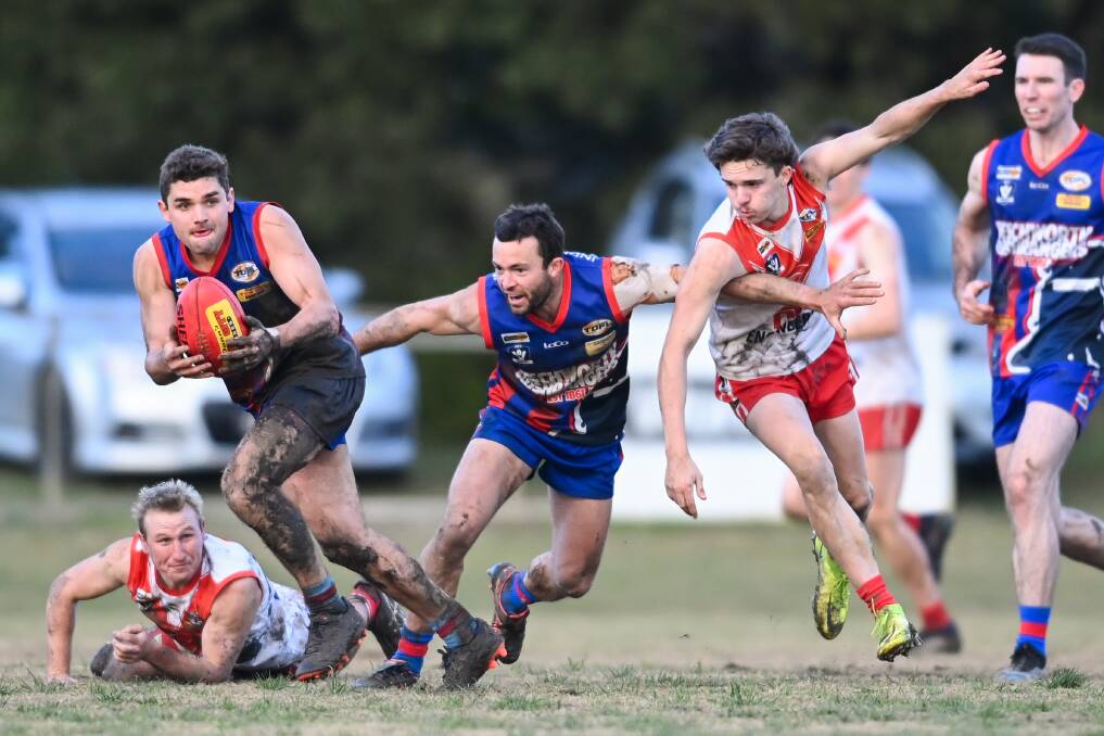 Beechworth's Campbell Fendyk emerges with the ball. Picture: MARK JESSER