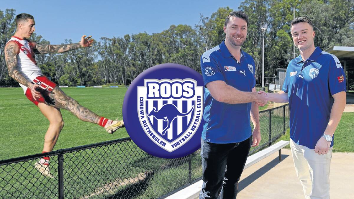 Darcy Hope and Connor Leslie, pictured with senior coach Steve Owen, are the first new recruits through the door at Corowa-Rutherglen.