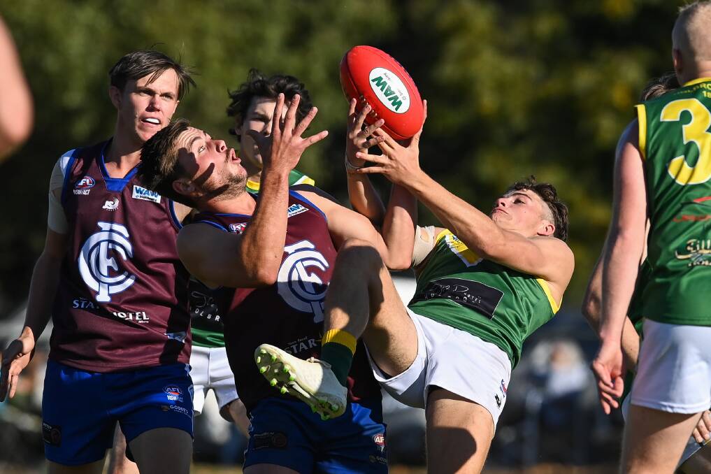 IN DISPUTE: Culcairn's Jack Chesser and Holbrook's Corey McCarthy try to get their hands on the ball. Picture: MARK JESSER