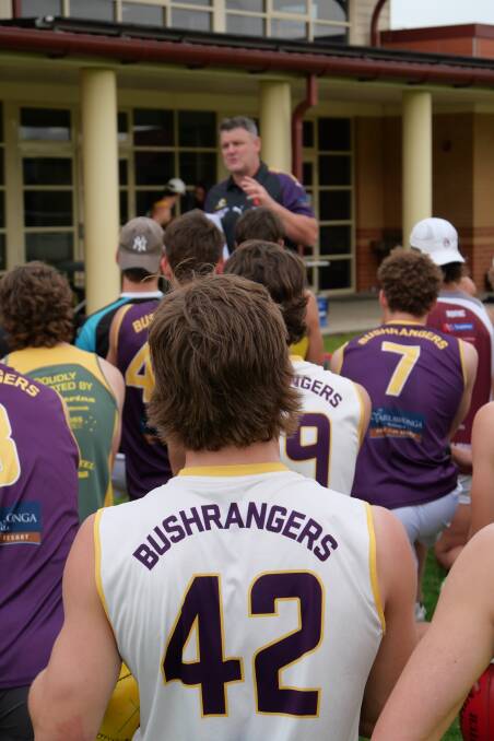 KEY MESSAGES: Murray Bushrangers coach Mark Brown addresses players in the Albury hub at Scots School during pre-season training. Picture: ROWENA NEWCOMEN