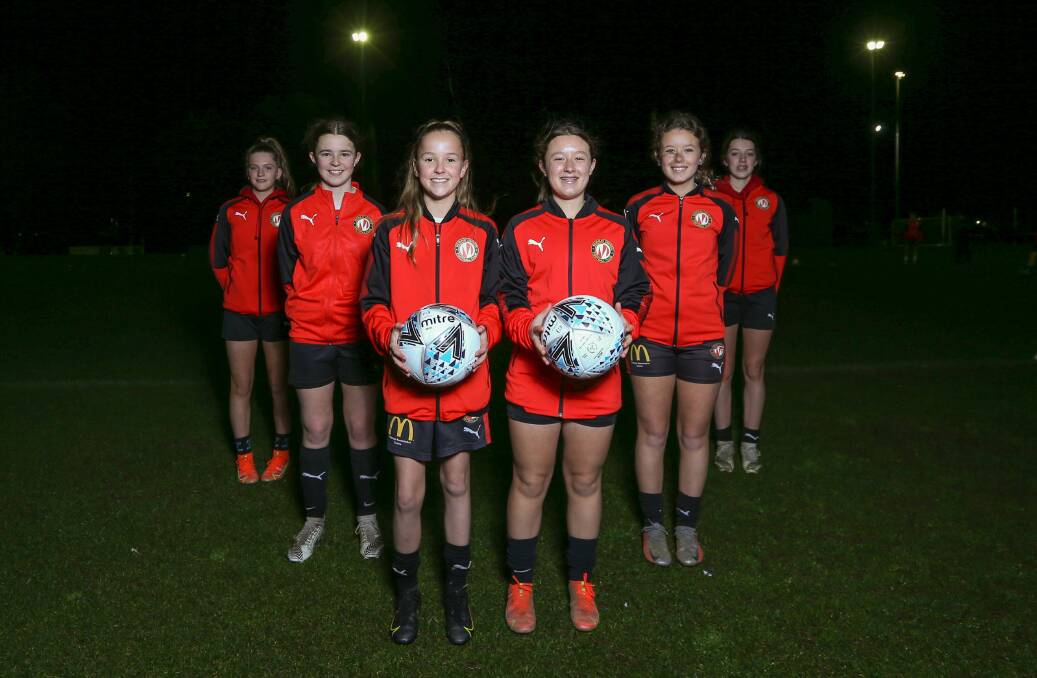 UNITED WE STAND: Murray United players Ruby Lloyd, Charlotte Laird, Poppy O'Keeffe, Annie Yates, Amelia Yates and Tahlia Alvey have joined Melbourne Victory's elite academy program. Picture: TARA TREWHELLA